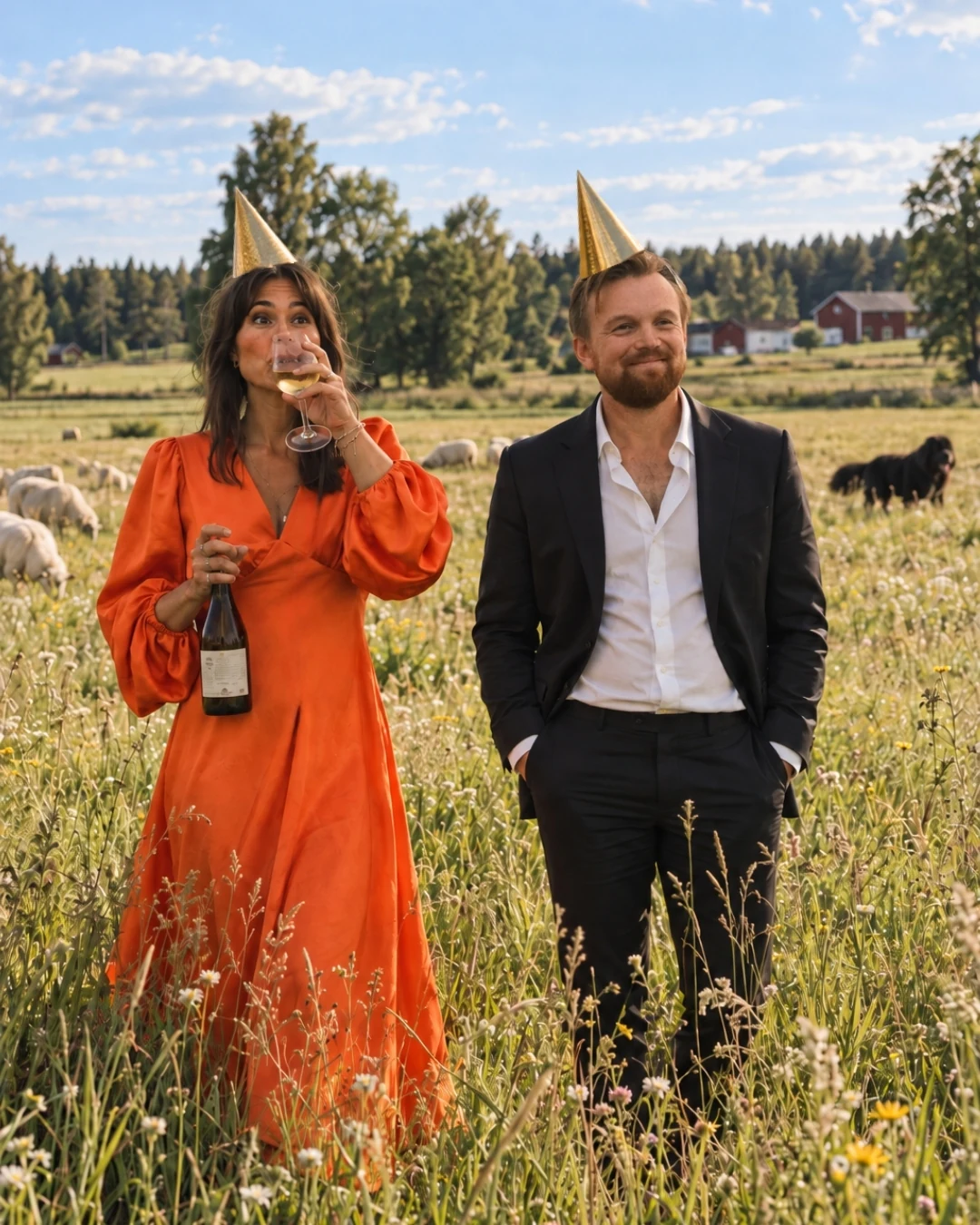 Laura och Carl-Wilhelm med festhattar och glas i en sommaräng.