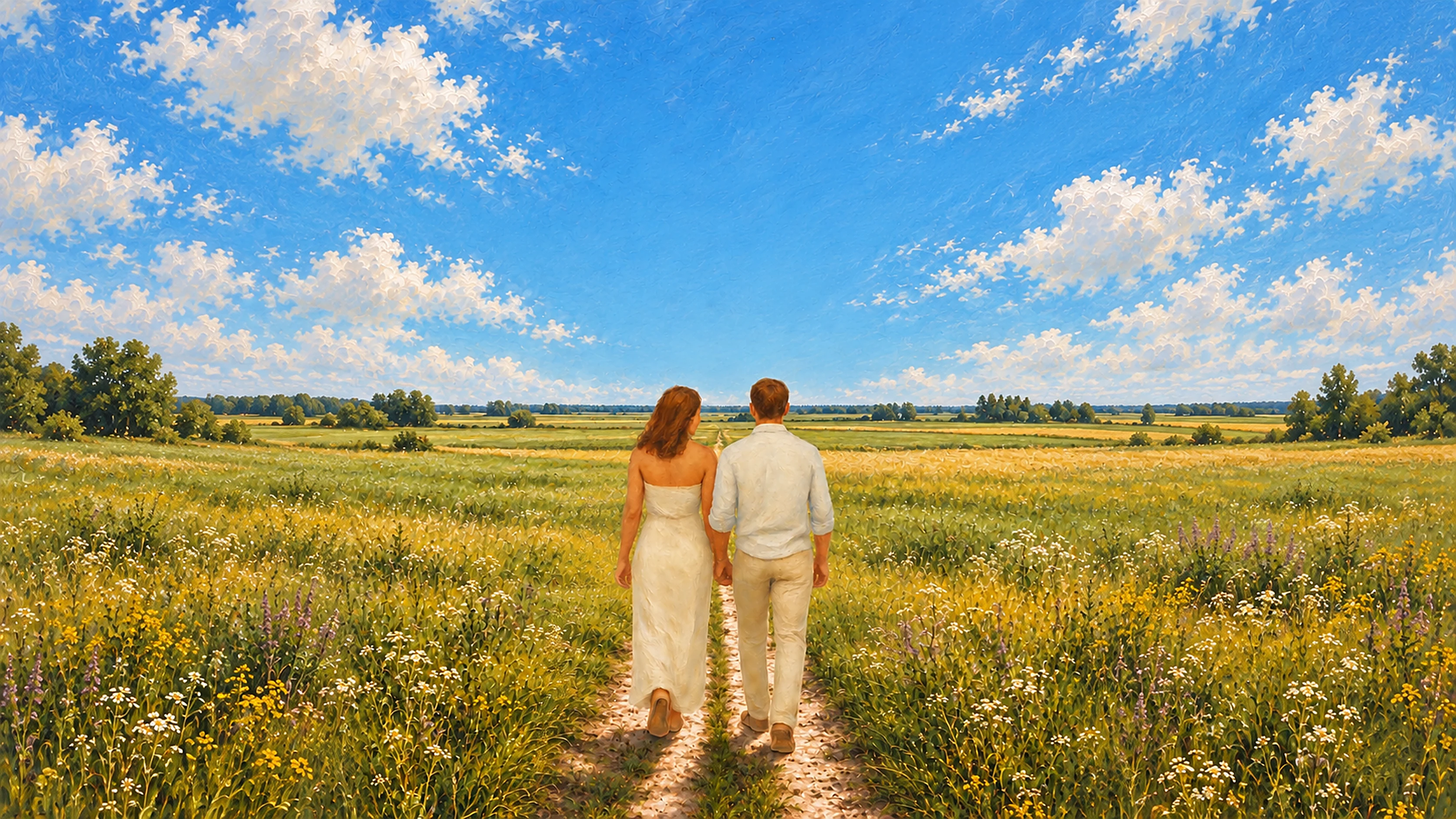 Illustration av Atte och Felicia som promenerar genom blommande ängar under en blå sommarhimmel.